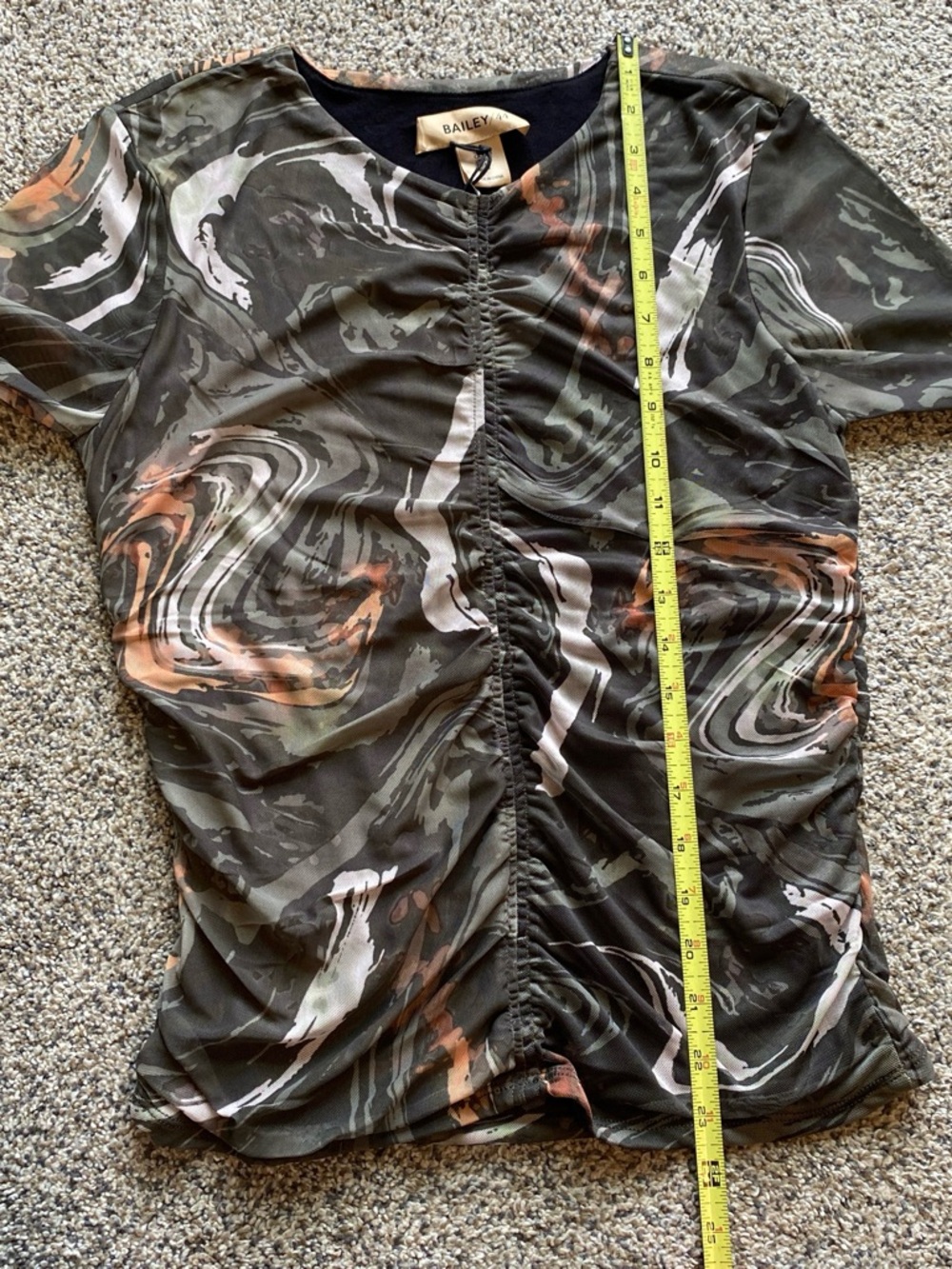Bailey 44 Black Swirl Mesh Ruched Long-Sleeve Top with Peach Accents - Picture 4 of 7